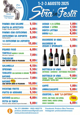 Menù degli stand gastronomici Strà in Festa 2025